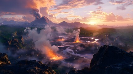 Aerial view of volcano eruption