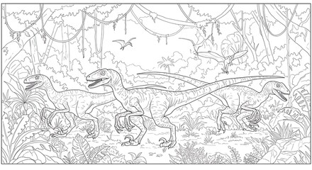 Obraz premium Prehistoric jungle coloring page with raptors, pterodactyl, and tropical plants.