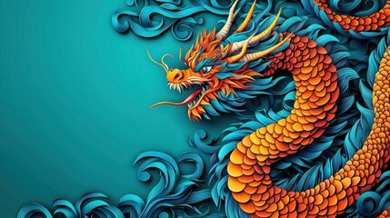 Vibrant dragon artwork with swirling blue waves on a teal background. Chinese New Year concept