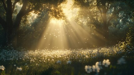Sunlit Forest Meadow With White Flowers And Golden Rays