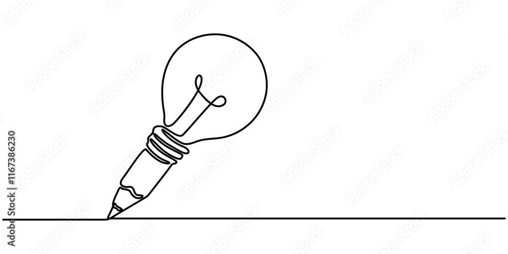 Poster continuous one line drawing of pencil with idea light bulb combined into symbol, creative energy des