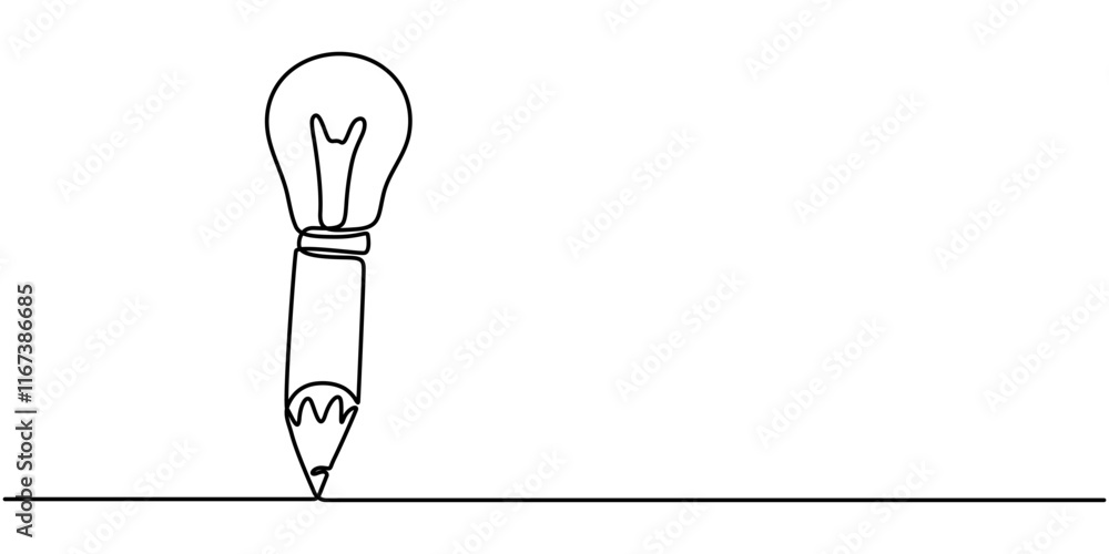 Poster continuous one line drawing of pencil with idea light bulb combined into symbol, creative energy des