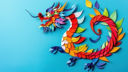 Obraz premium Colorful paper dragon art on a vibrant blue background. Chinese New Year concept