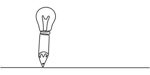 Continuous One line drawing of Pencil with idea light bulb combined into symbol, creative energy design art or science invention or research, Light bulb and pencil in one continuous line drawing. pro.