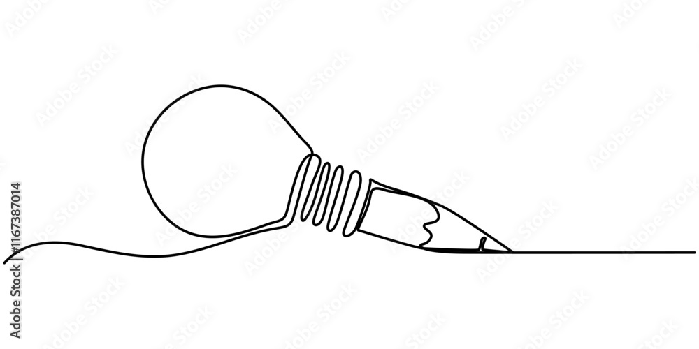 Poster continuous one line drawing of pencil with idea light bulb combined into symbol, creative energy des