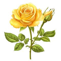 Single Yellow Rose with Detailed Leaves, Vector Art, Isolated on White