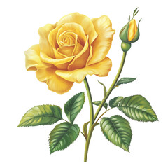 Single Yellow Rose with Detailed Leaves, Vector Art, Isolated on White