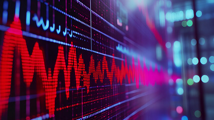 A detailed view of a financial data screen illustrates dynamic price movements and trends. Bright red and pink lines highlight market fluctuations in real time, set against a dark background.