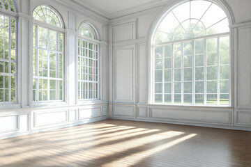 Obraz premium Empty Room with White Walls, Hardwood Floors, and Large Windows for Customization