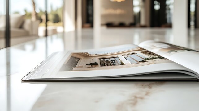 Open book showcasing interior design photos on a marble table.
