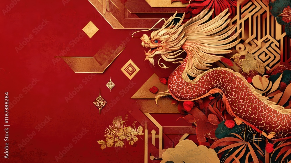 Poster abstract chinese new year design with geometric patterns in red and gold, symbolizing prosperity and