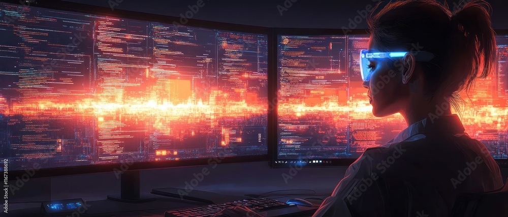 Poster person using advanced technology at multiple screens