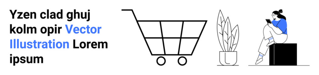 Woman sitting on a box reading a tablet, next to a large shopping cart and a plant. Ideal for e-commerce, online shopping, digital reading, technology usage, web design, user interface, digital