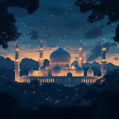 Fototapeta premium Mosque surrounded by trees under starry sky