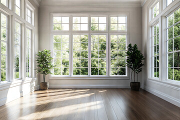 Empty Room with White Walls, Hardwood Floors, and Large Windows for Customization