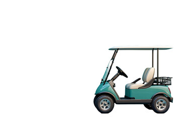 A teal golf cart with a white canopy and seats, designed for leisure activities.