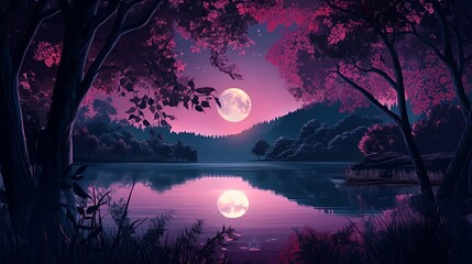 Serene moonlit lake scene with pink trees at night