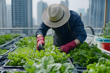 A person tending to a rooftop garden with various leafy greens in urban surroundings.