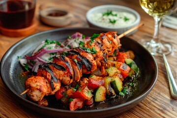 Savory grilled chicken skewers served with vibrant vegetables and fragrant rice