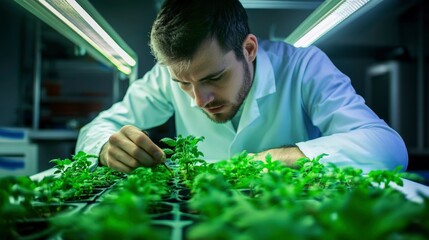 Scientist Carefully Examining Young Plants In Laboratory