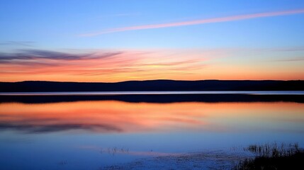 Serene Sunset Over Still Lake Reflecting Colors