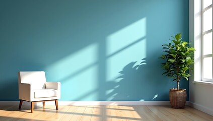 Modern Minimalist Room with Blue Textured Wall, White Armchair, and Indoor Plant  