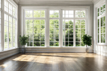 Empty Room with White Walls, Hardwood Floors, and Large Windows for Customization