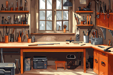 A well-equipped workshop with tools organized on shelves and a workbench.