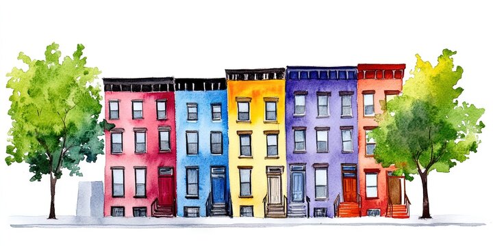 watercolor house with rowhouse style architecture 