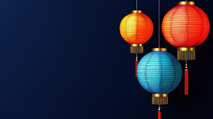 Colorful lanterns hanging against a dark background, evoking a festive atmosphere. Chinese New Year concept