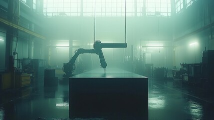 Robotic arm working on a surface in a foggy industrial interior.