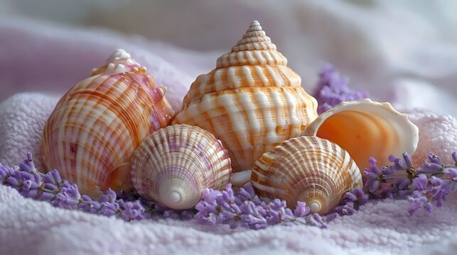 A collection of seashells are arranged on a purple cloth - Powered by Adobe
