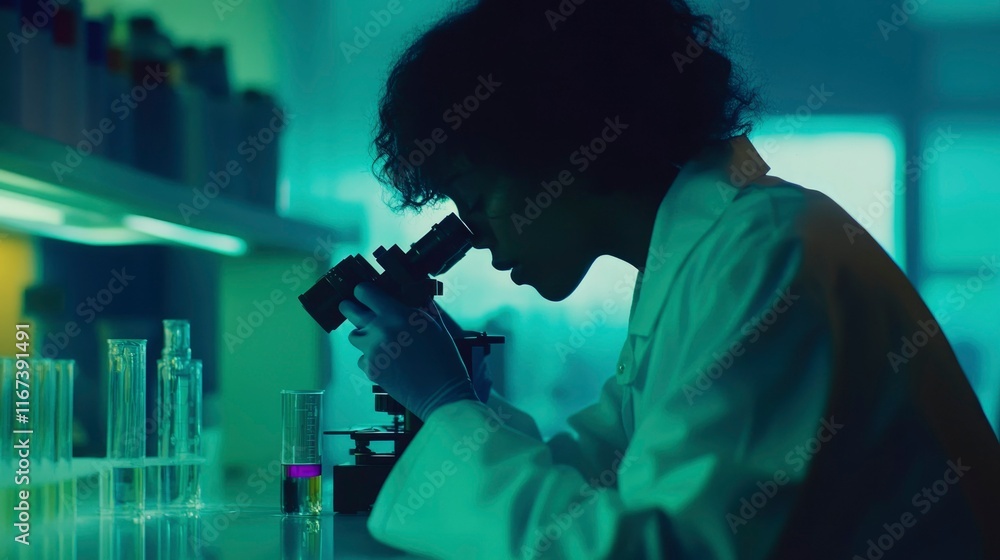 Poster scientist using microscope in laboratory setting