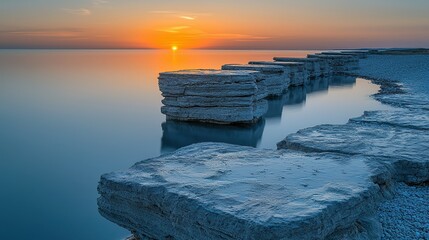 Rocky shore at sunset with smooth sea and sky. Scenic travel background.