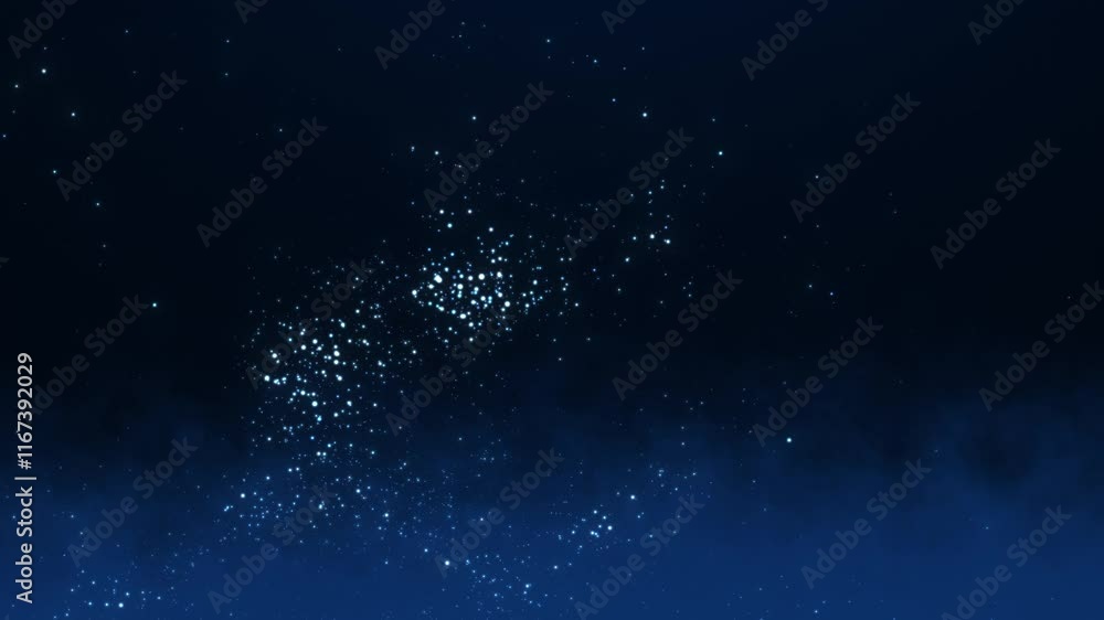 Poster animation of abstract glowing glitter particles. flying bright dots and particles on a blue smoky ba