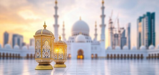 Naklejka premium Two ornate lanterns glow in the foreground, set against a stunning mosque backdrop at sunrise, symbolizing beauty and serenity. festive Ramadan Kareem