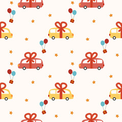 Car tie a bow cartoon so cute. On balloon gift star background. Pattern seamless vector illustration. 
