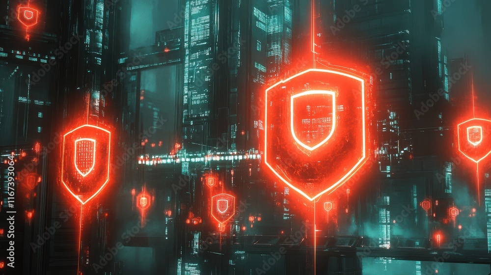 Poster futuristic digital security interface with red shields and data streams