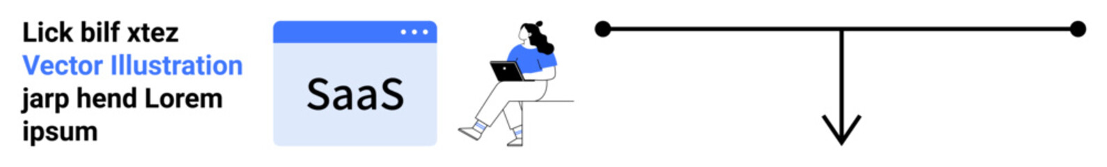 SaaS text window, person sitting with laptop, simple flowchart arrow connecting elements. Ideal for business, tech, software, remote work, web design, education, presentations. Landing page