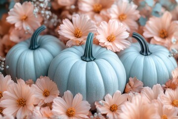 minimalist thanksgiving and halloweenthemed background featuring pastel pumpkins arranged with floral elements offering a warm seasonal aesthetic and space for personal messages