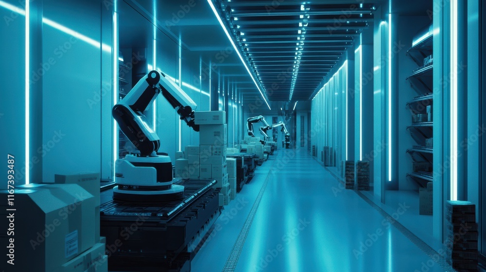 Poster advanced robotics in futuristic warehouse environment with automation