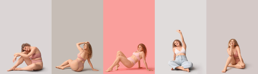 Fototapeta premium Set of happy body positive woman in underwear on color background