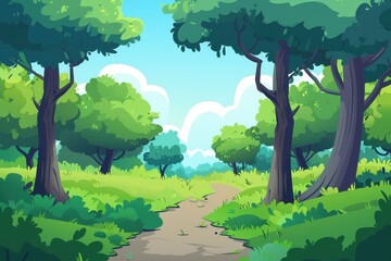 Fototapeta premium A winding path through a lush green forest with a bright blue sky.