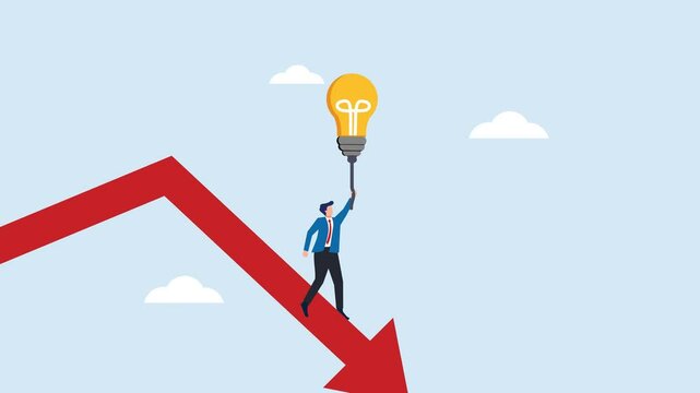 Animation of a person floating with a light bulb and an arrow swooping down