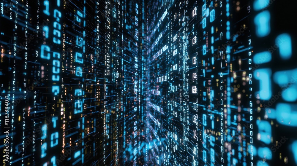 Poster digital data stream visualization virtual environment technology artwork futuristic perspective abst