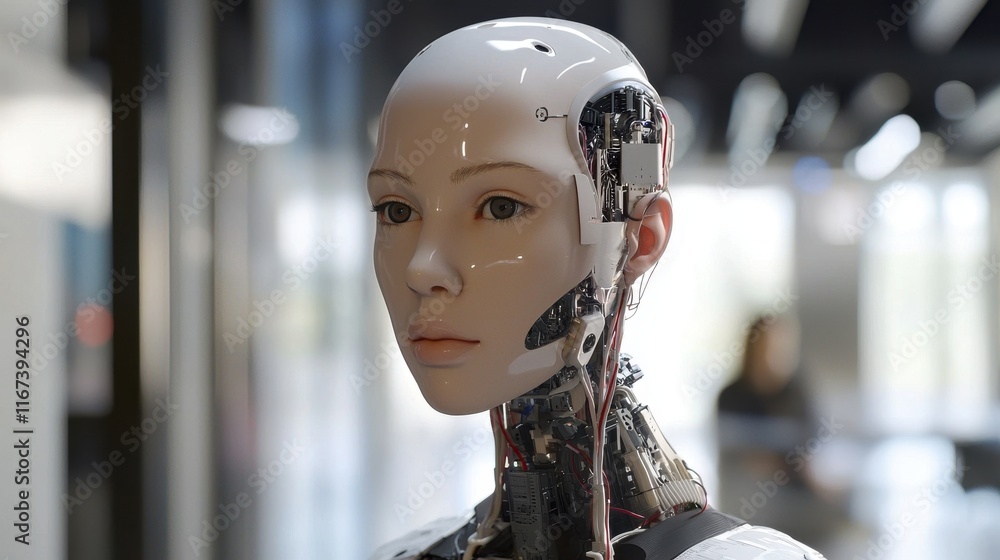 Aufkleber exploring advanced robotics human-like technology display at urban exhibition innovative indoor sett