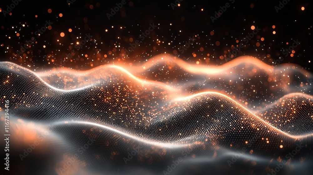 Poster dynamic light particles flowing over textured waves digital abstract art dark environment close-up v