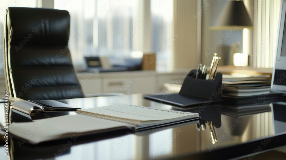 Poster empty modern office desk with open notebook and chair