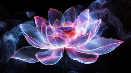 Ethereal Lotus Flower with Neon Glow and Colorful Smoke Effects
