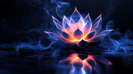 Vivid Neon Lotus Flower Blooming in Ethereal Dark Background